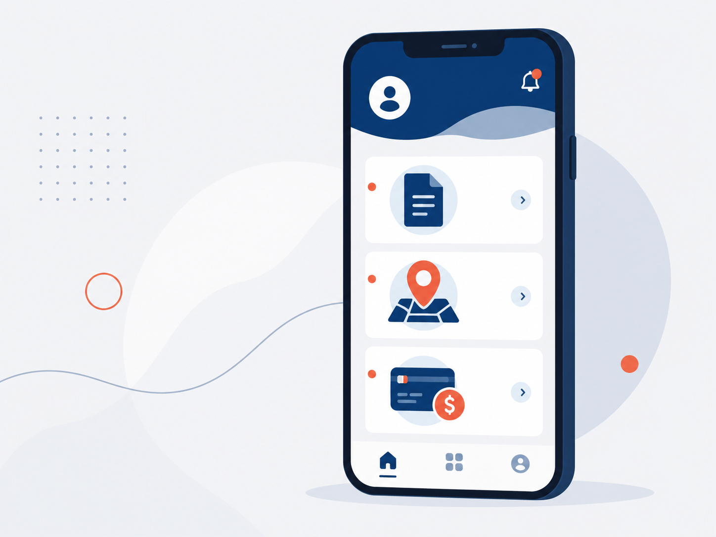 Ilustración de un teléfono celular mostrando una aplicación de trámites, representando la app CRIM Digital PR