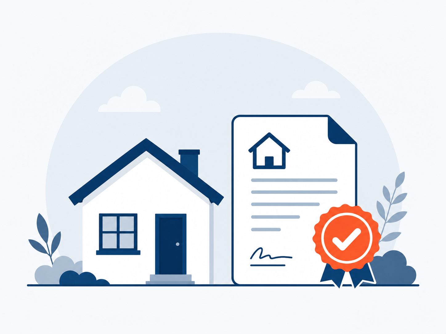 Ilustración de una casa junto a un documento oficial sellado, representando un trámite de certificación de propiedad