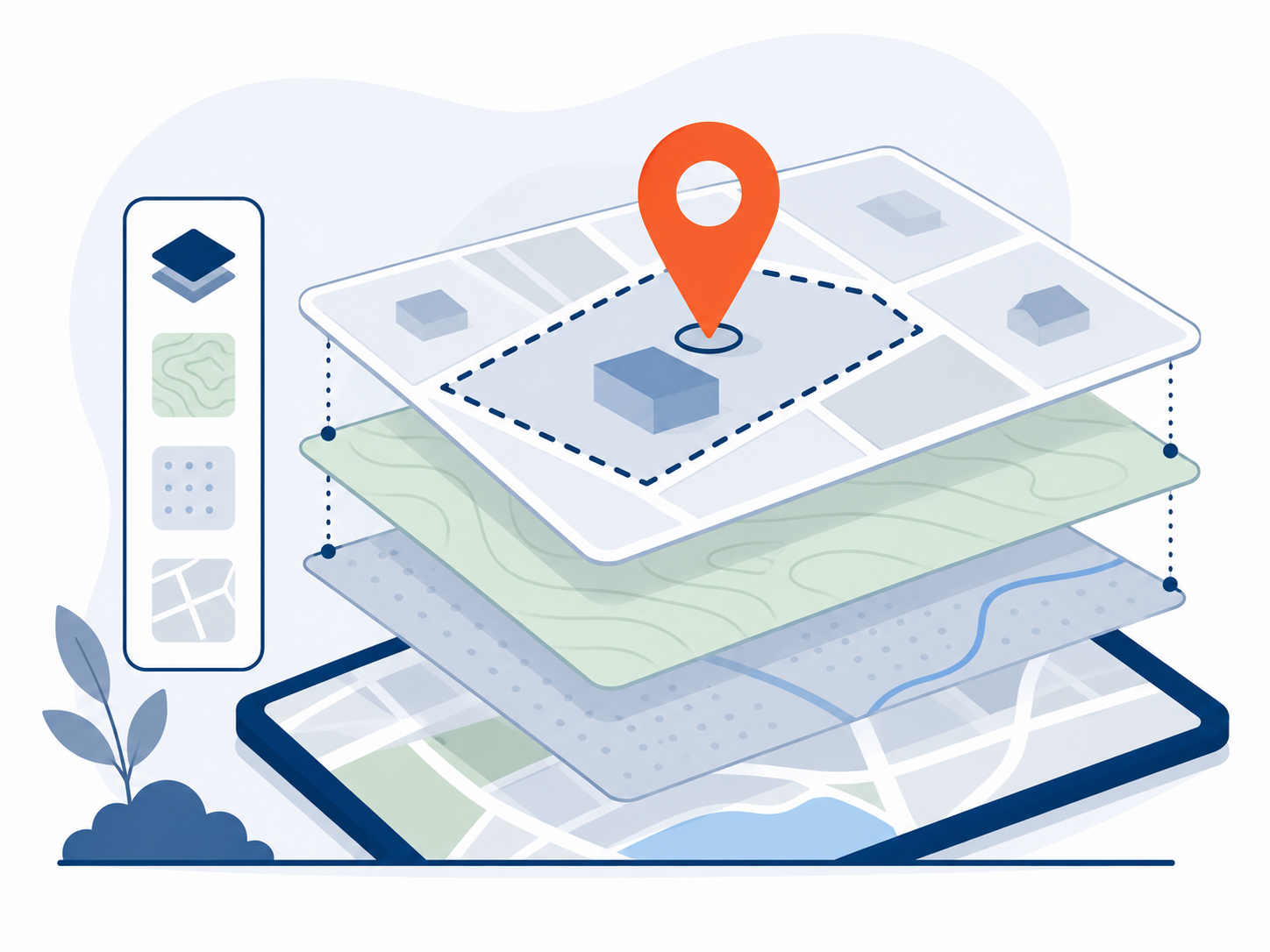 Ilustración de un mapa con un pin marcando una propiedad, representando el geolocalizador del CRIM